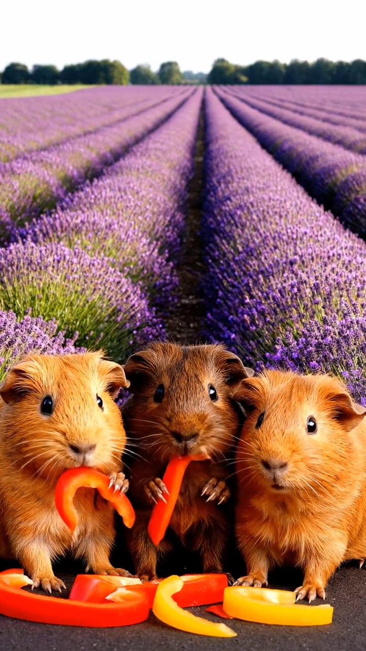 875. Highly detailed view of 5 smooth-haired Himalayan guinea pigs with White, Orange, Gray, Black, and Brown fur, foraging for wild herbs in a lush meadow with wildflowers and a babbling brook, under soft morning light, creating a realistic, serene pastoral scene.
