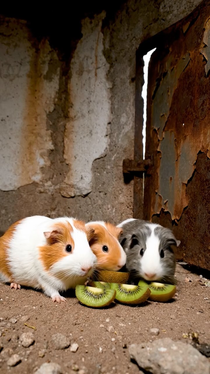 877. Detailed photo of 2 smooth-haired American guinea pigs with Fawn and Sable fur, dressed as bakers in tiny aprons, baking bread in a guinea pig bakery with hay ovens and wooden counters, under soft lamplight, creating a realistic, cozy culinary scene.