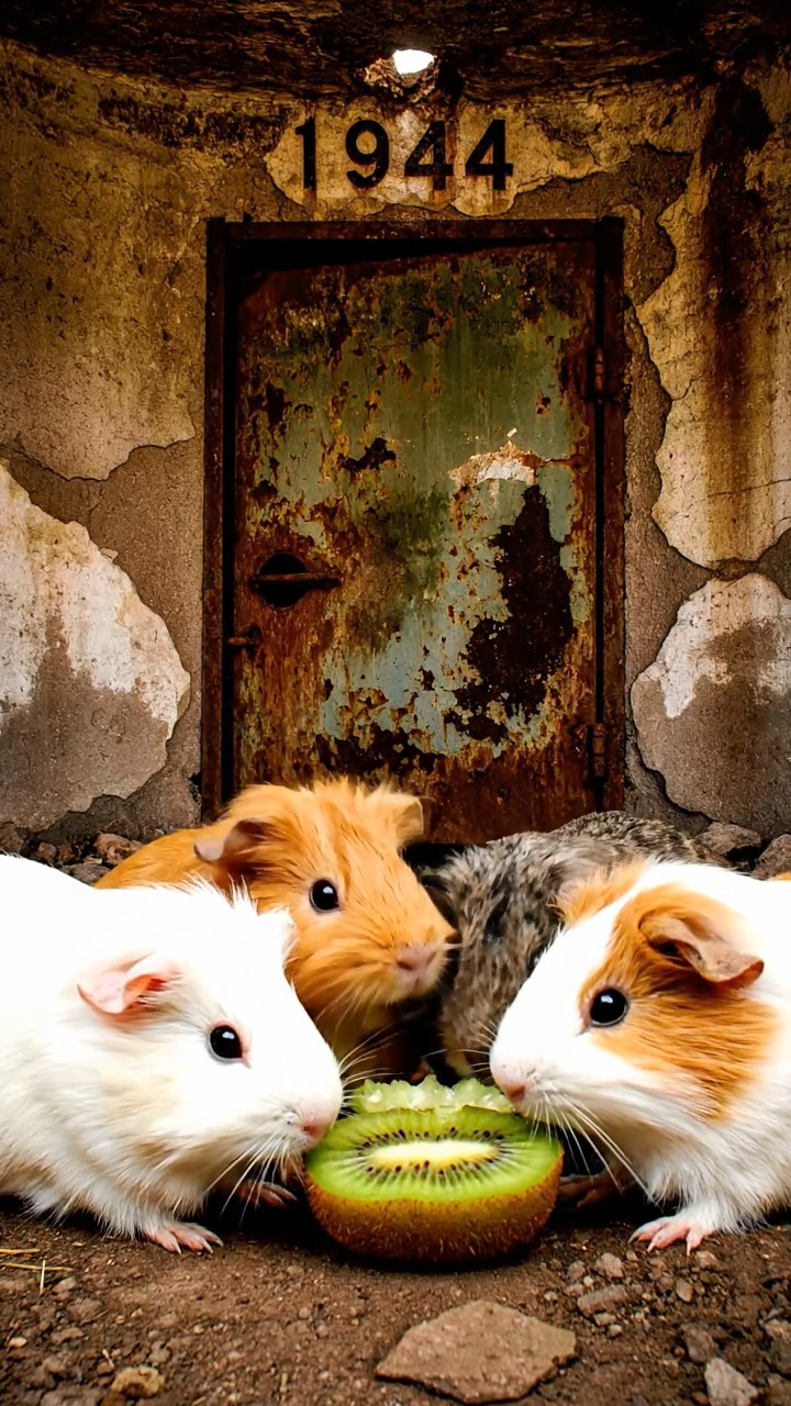 877. Detailed photo of 2 smooth-haired American guinea pigs with Fawn and Sable fur, dressed as bakers in tiny aprons, baking bread in a guinea pig bakery with hay ovens and wooden counters, under soft lamplight, creating a realistic, cozy culinary scene.