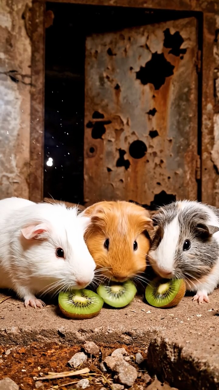 877. Detailed photo of 2 smooth-haired American guinea pigs with Fawn and Sable fur, dressed as bakers in tiny aprons, baking bread in a guinea pig bakery with hay ovens and wooden counters, under soft lamplight, creating a realistic, cozy culinary scene.