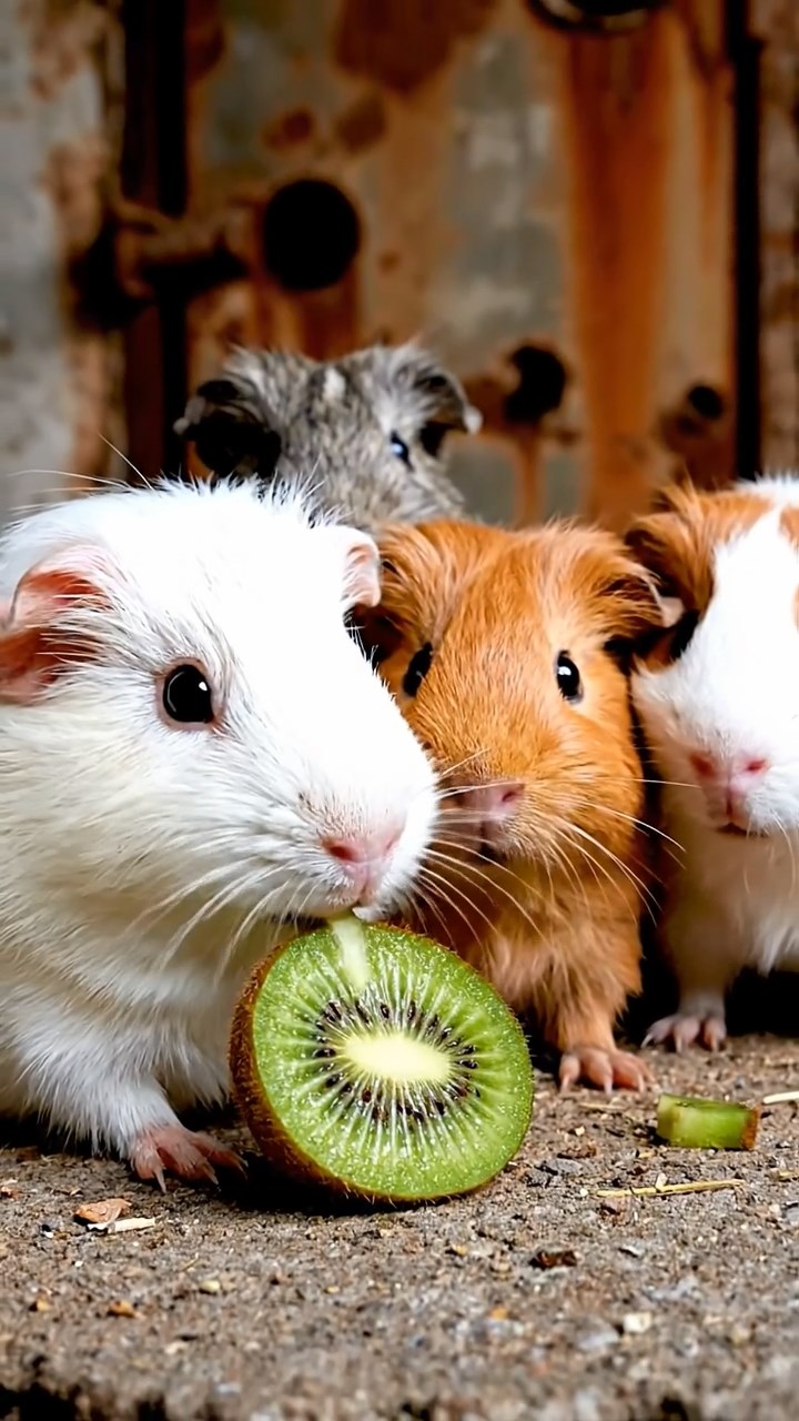 877. Detailed photo of 2 smooth-haired American guinea pigs with Fawn and Sable fur, dressed as bakers in tiny aprons, baking bread in a guinea pig bakery with hay ovens and wooden counters, under soft lamplight, creating a realistic, cozy culinary scene.