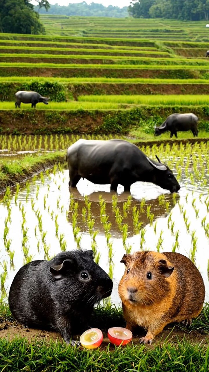 878. Photorealistic scene of 3 smooth-haired Teddy guinea pigs with Chocolate, Cinnamon, and Gray fur, climbing small rocks in a forested glade with soft moss and scattered leaves, under dappled sunlight, enhancing the authentic, adventurous atmosphere.