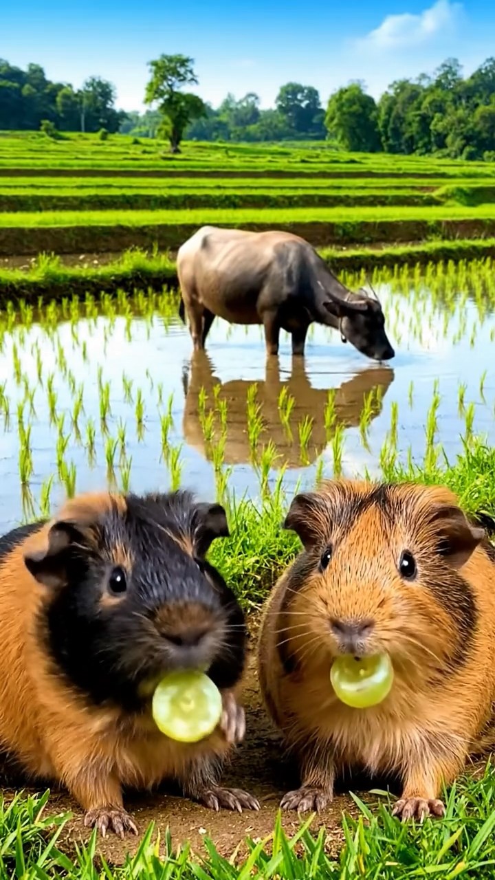 878. Photorealistic scene of 3 smooth-haired Teddy guinea pigs with Chocolate, Cinnamon, and Gray fur, climbing small rocks in a forested glade with soft moss and scattered leaves, under dappled sunlight, enhancing the authentic, adventurous atmosphere.