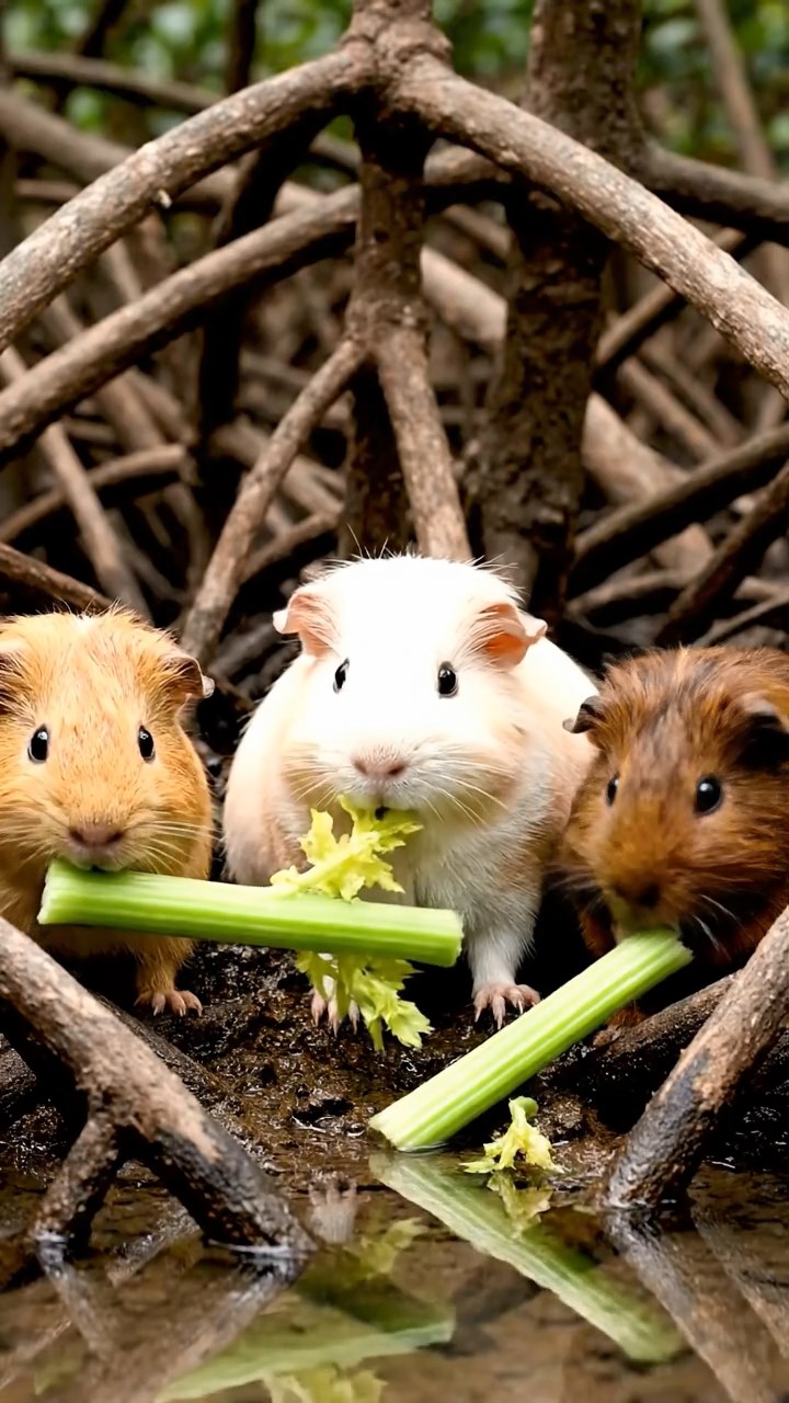 878. Photorealistic scene of 3 smooth-haired Teddy guinea pigs with Chocolate, Cinnamon, and Gray fur, climbing small rocks in a forested glade with soft moss and scattered leaves, under dappled sunlight, enhancing the authentic, adventurous atmosphere.