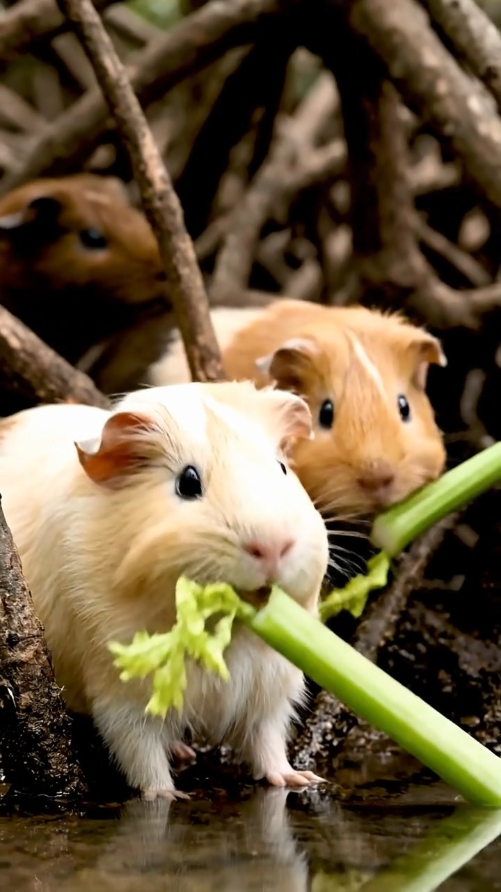 879. Highly detailed view of 4 smooth-haired Himalayan guinea pigs with White, Orange, Black, and Brown fur, dressed as writers in tiny scarves, drafting poems in a guinea pig study with miniature books and hay desks, under warm lamplight, creating a vivid, realistic literary scene.
