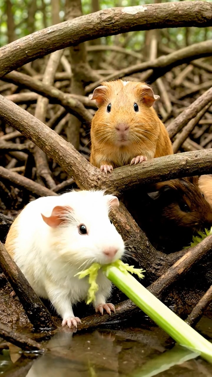 879. Highly detailed view of 4 smooth-haired Himalayan guinea pigs with White, Orange, Black, and Brown fur, dressed as writers in tiny scarves, drafting poems in a guinea pig study with miniature books and hay desks, under warm lamplight, creating a vivid, realistic literary scene.