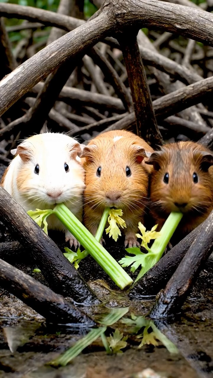 879. Highly detailed view of 4 smooth-haired Himalayan guinea pigs with White, Orange, Black, and Brown fur, dressed as writers in tiny scarves, drafting poems in a guinea pig study with miniature books and hay desks, under warm lamplight, creating a vivid, realistic literary scene.