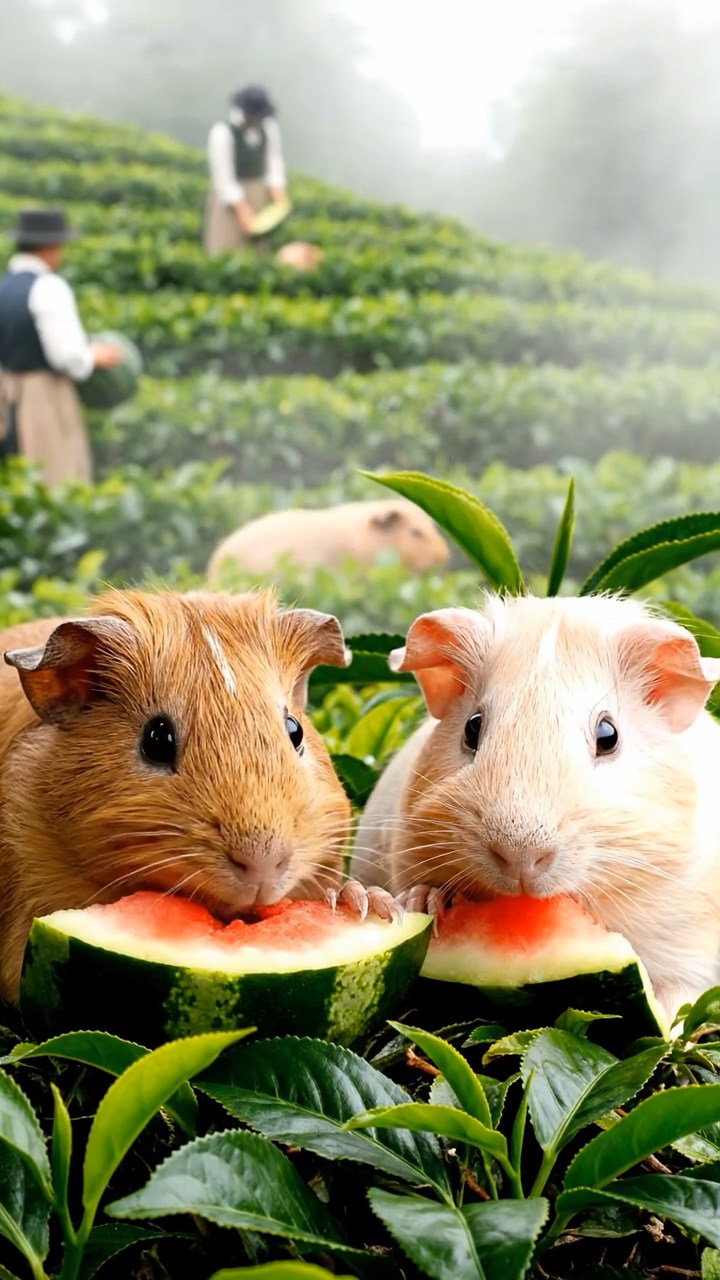 883. Highly detailed view of 3 smooth-haired Himalayan guinea pigs with Gray, Cream, and Brown fur, mating in a secluded grassy clearing surrounded by tall ferns and soft moss, under gentle morning light, creating a realistic, intimate natural scene.
