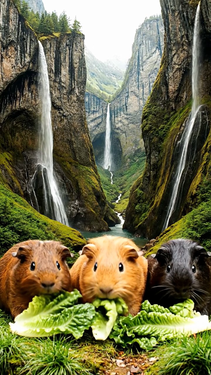 884. Realistic scene of 4 smooth-haired Californian guinea pigs with Fawn, Chocolate, Cinnamon, and Sable fur, dressed as firefighters in tiny uniforms, training with miniature hoses in a guinea pig village with hay houses, under glowing streetlights, capturing a heroic, lifelike moment.