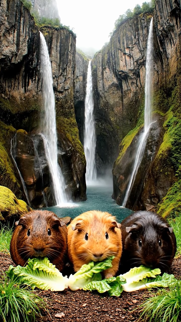 884. Realistic scene of 4 smooth-haired Californian guinea pigs with Fawn, Chocolate, Cinnamon, and Sable fur, dressed as firefighters in tiny uniforms, training with miniature hoses in a guinea pig village with hay houses, under glowing streetlights, capturing a heroic, lifelike moment.