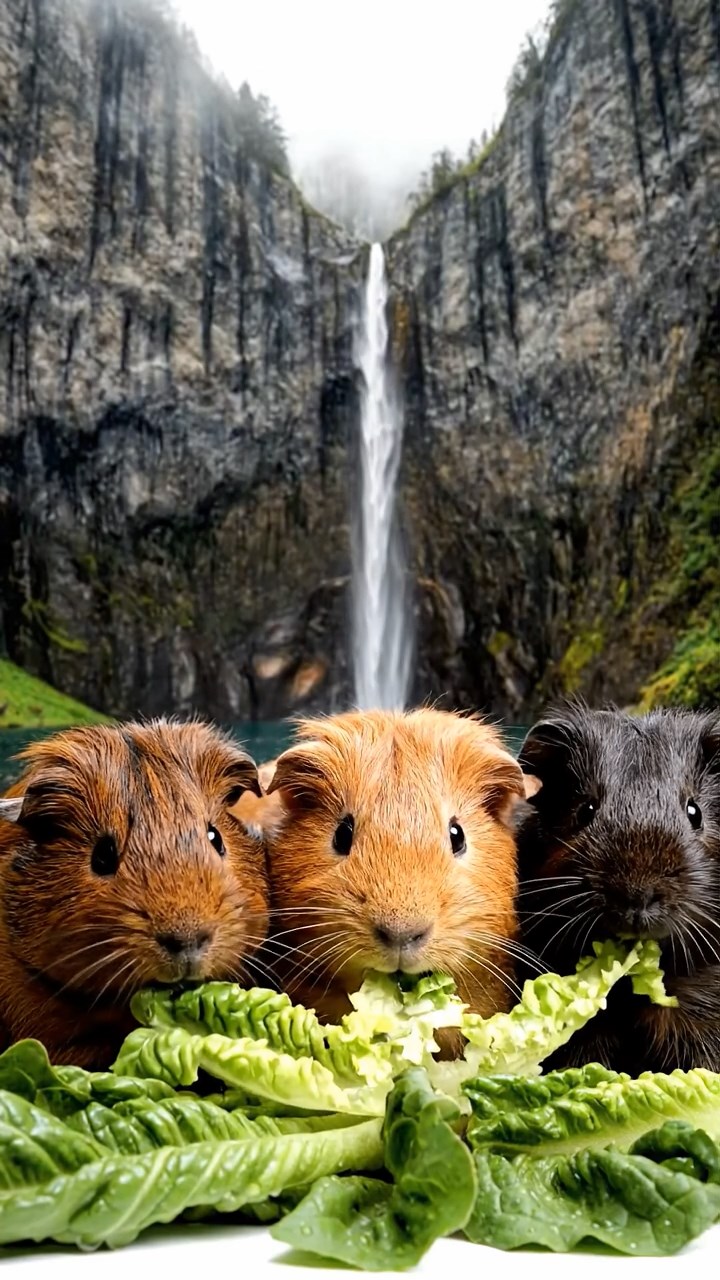 884. Realistic scene of 4 smooth-haired Californian guinea pigs with Fawn, Chocolate, Cinnamon, and Sable fur, dressed as firefighters in tiny uniforms, training with miniature hoses in a guinea pig village with hay houses, under glowing streetlights, capturing a heroic, lifelike moment.