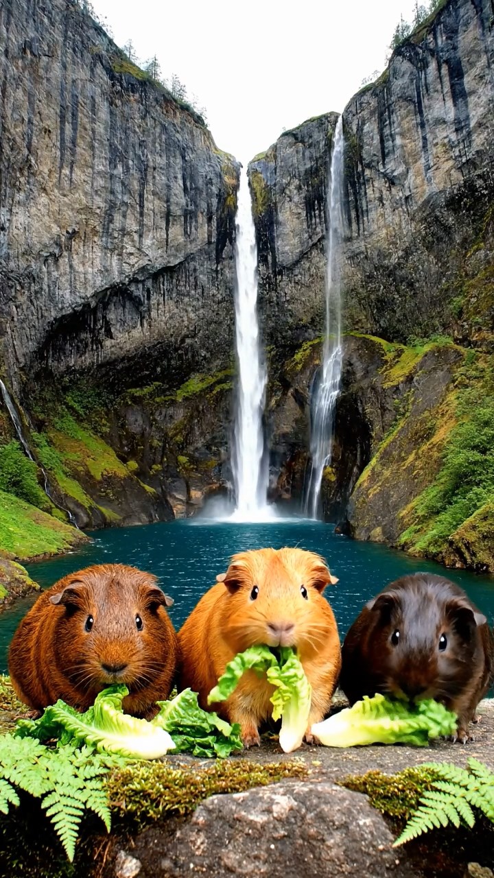 884. Realistic scene of 4 smooth-haired Californian guinea pigs with Fawn, Chocolate, Cinnamon, and Sable fur, dressed as firefighters in tiny uniforms, training with miniature hoses in a guinea pig village with hay houses, under glowing streetlights, capturing a heroic, lifelike moment.