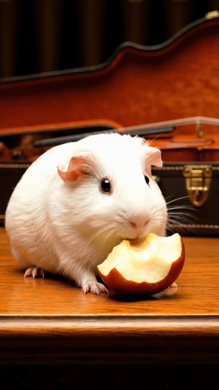 885. Detailed photo of 5 smooth-haired American guinea pigs with White, Orange, Gray, Black, and Brown fur, foraging for clover in a lush meadow with wildflowers and a trickling stream, under soft morning light, creating a realistic, serene pastoral scene.