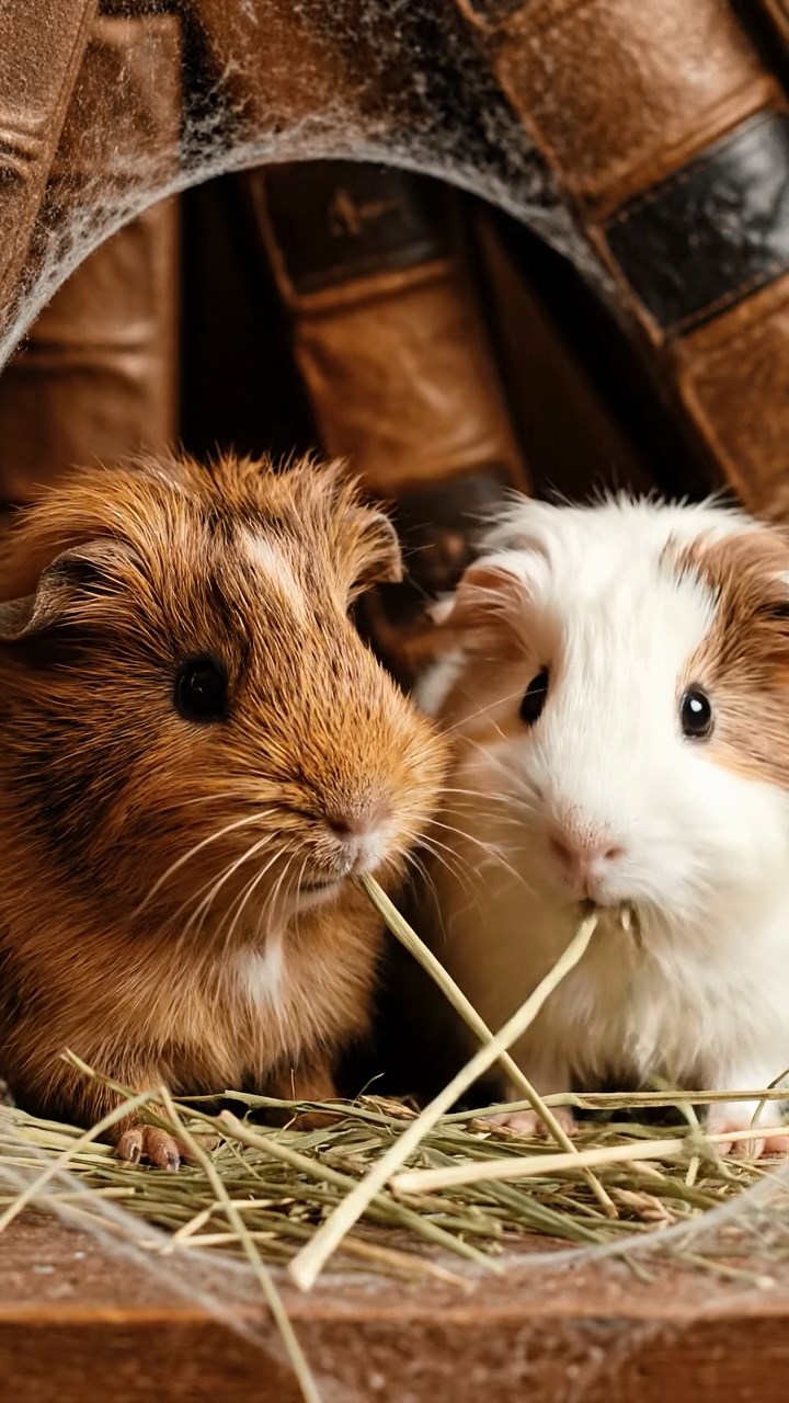 887. Highly detailed view of 2 smooth-haired Himalayan guinea pigs with Fawn and Sable fur, dressed as musicians in tiny vests, playing miniature drums in a guinea pig concert hall with hay seats and velvet curtains, under warm spotlights, creating a realistic, elegant scene.