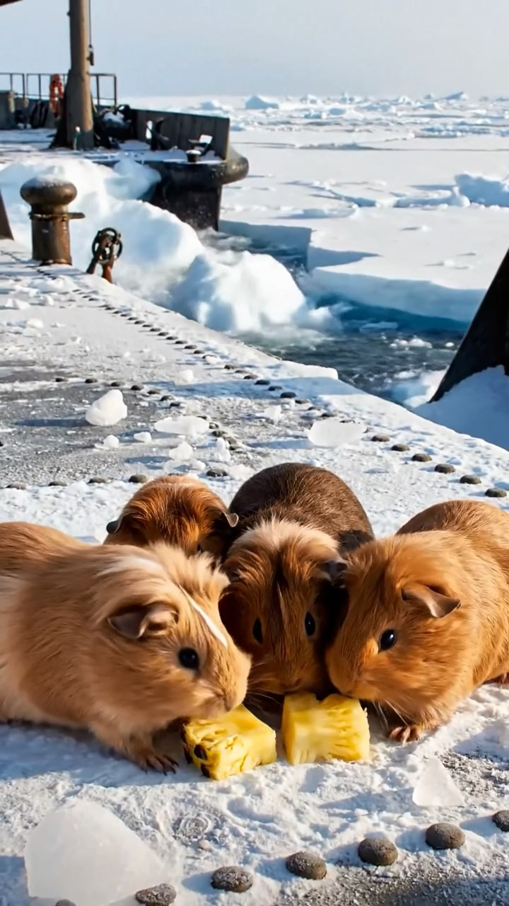 891. Highly detailed view of 1 smooth-haired Himalayan guinea pig with White fur, munching on bell peppers, in a vibrant vegetable garden with rows of tomatoes and lettuce, under bright sunlight, creating a realistic, colorful rural scene.
