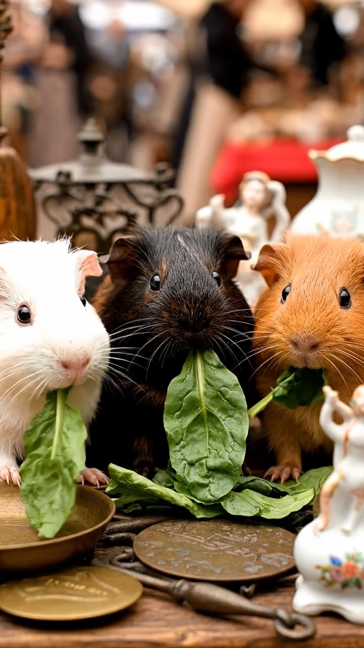 891. Highly detailed view of 1 smooth-haired Himalayan guinea pig with White fur, munching on bell peppers, in a vibrant vegetable garden with rows of tomatoes and lettuce, under bright sunlight, creating a realistic, colorful rural scene.