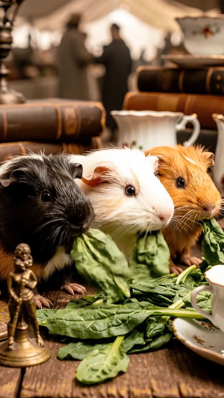 891. Highly detailed view of 1 smooth-haired Himalayan guinea pig with White fur, munching on bell peppers, in a vibrant vegetable garden with rows of tomatoes and lettuce, under bright sunlight, creating a realistic, colorful rural scene.