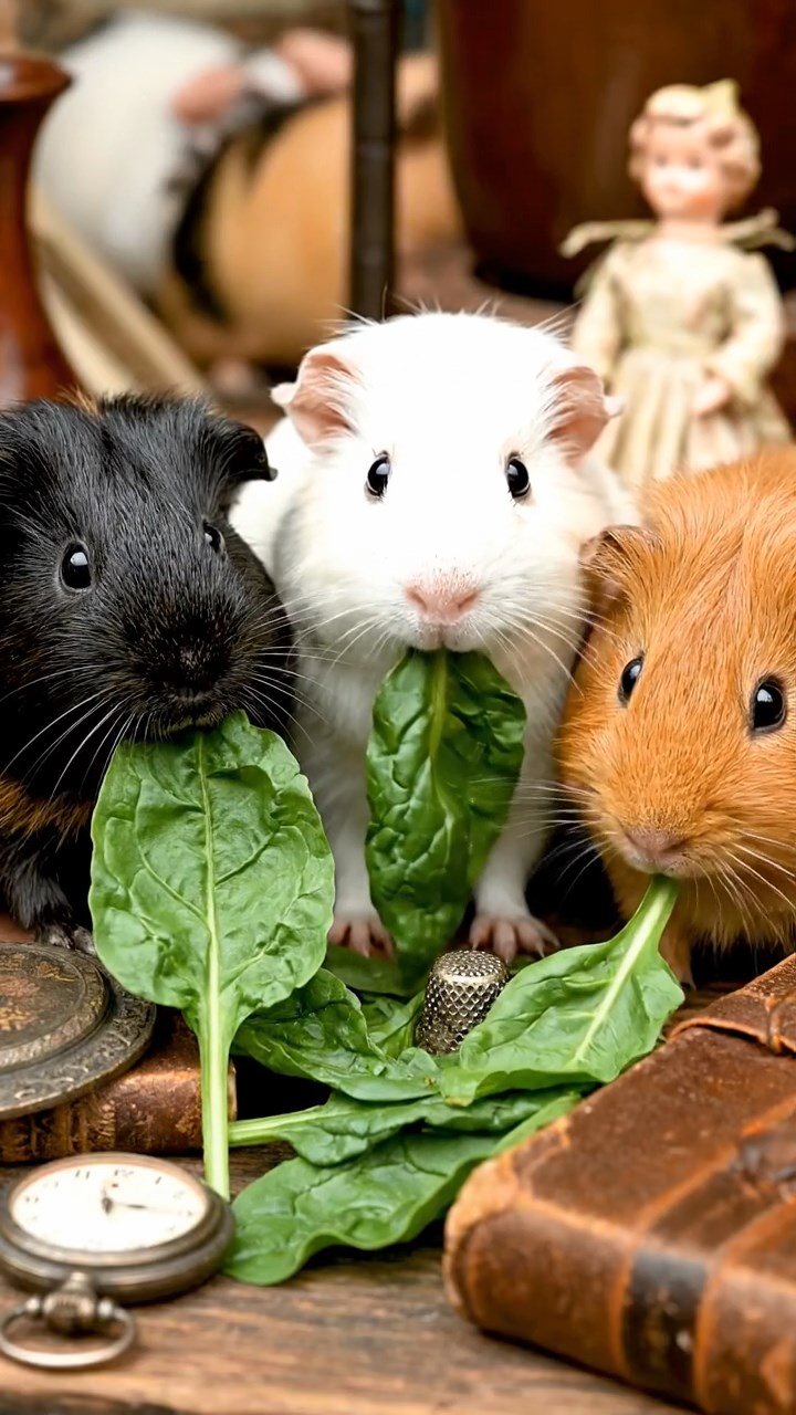 892. Realistic scene of 2 smooth-haired Californian guinea pigs with Orange and Black fur, dressed as tailors in tiny vests, sewing miniature shirts in a guinea pig atelier with colorful fabrics and hay mannequins, under warm lamplight, enhancing the lifelike, creative atmosphere.