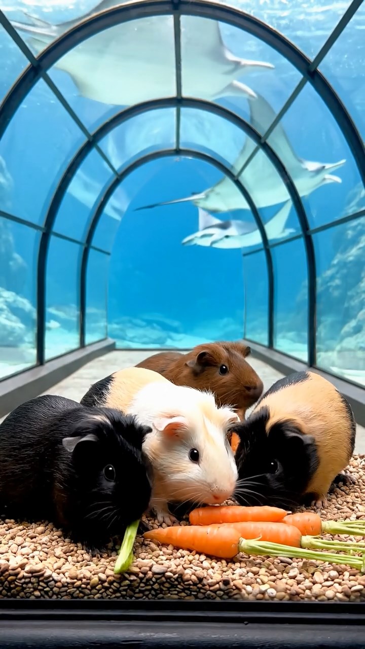 893. Detailed photo of 3 smooth-haired American guinea pigs with Gray, Cream, and Brown fur, burrowing like rabbits in a sandy dune with sparse grass and distant cacti, under a golden sunset, creating a vivid, realistic desert scene.