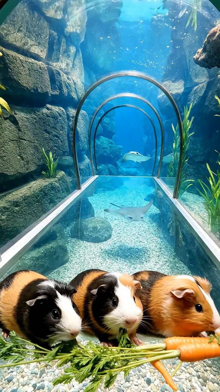 893. Detailed photo of 3 smooth-haired American guinea pigs with Gray, Cream, and Brown fur, burrowing like rabbits in a sandy dune with sparse grass and distant cacti, under a golden sunset, creating a vivid, realistic desert scene.