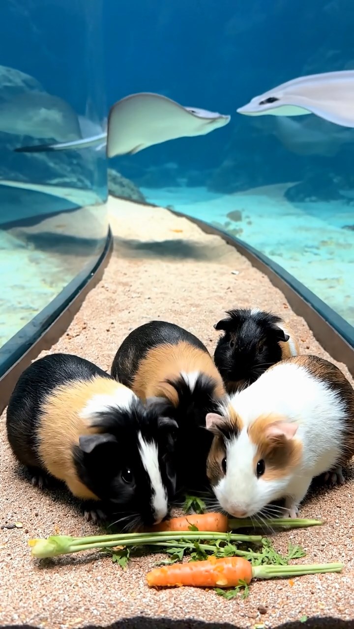 894. Photorealistic scene of 4 smooth-haired Teddy guinea pigs with Fawn, Chocolate, Cinnamon, and Sable fur, dressed as librarians in tiny glasses, cataloging miniature books in a guinea pig library with hay shelves and soft lamplight, capturing a realistic, cozy moment.