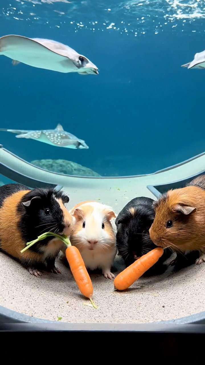 894. Photorealistic scene of 4 smooth-haired Teddy guinea pigs with Fawn, Chocolate, Cinnamon, and Sable fur, dressed as librarians in tiny glasses, cataloging miniature books in a guinea pig library with hay shelves and soft lamplight, capturing a realistic, cozy moment.