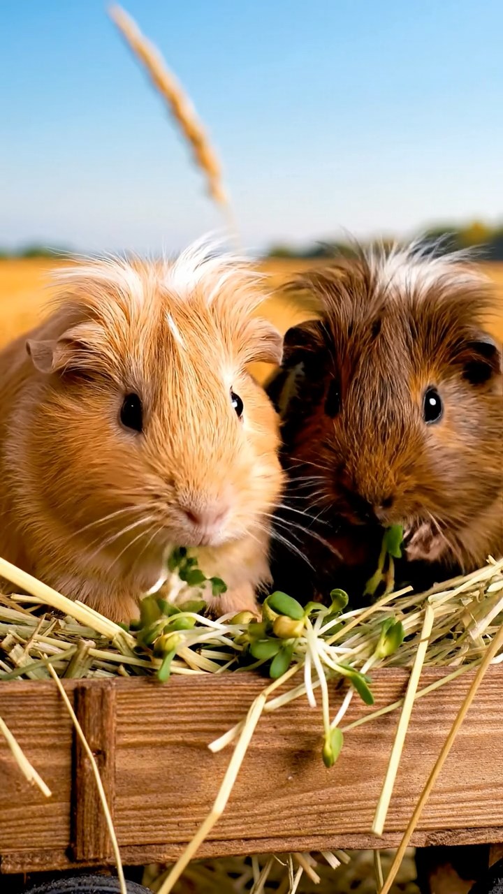 894. Photorealistic scene of 4 smooth-haired Teddy guinea pigs with Fawn, Chocolate, Cinnamon, and Sable fur, dressed as librarians in tiny glasses, cataloging miniature books in a guinea pig library with hay shelves and soft lamplight, capturing a realistic, cozy moment.