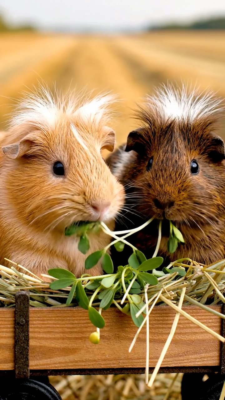 894. Photorealistic scene of 4 smooth-haired Teddy guinea pigs with Fawn, Chocolate, Cinnamon, and Sable fur, dressed as librarians in tiny glasses, cataloging miniature books in a guinea pig library with hay shelves and soft lamplight, capturing a realistic, cozy moment.