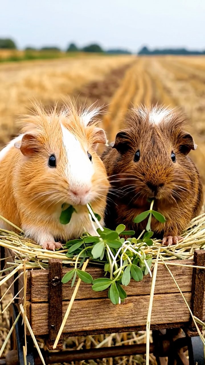 895. Highly detailed view of 5 smooth-haired Himalayan guinea pigs with White, Orange, Gray, Black, and Brown fur, foraging for wild herbs in a lush meadow with wildflowers and a babbling brook, under soft morning light, creating a realistic, serene pastoral scene.