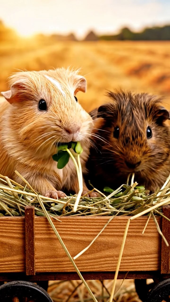 895. Highly detailed view of 5 smooth-haired Himalayan guinea pigs with White, Orange, Gray, Black, and Brown fur, foraging for wild herbs in a lush meadow with wildflowers and a babbling brook, under soft morning light, creating a realistic, serene pastoral scene.