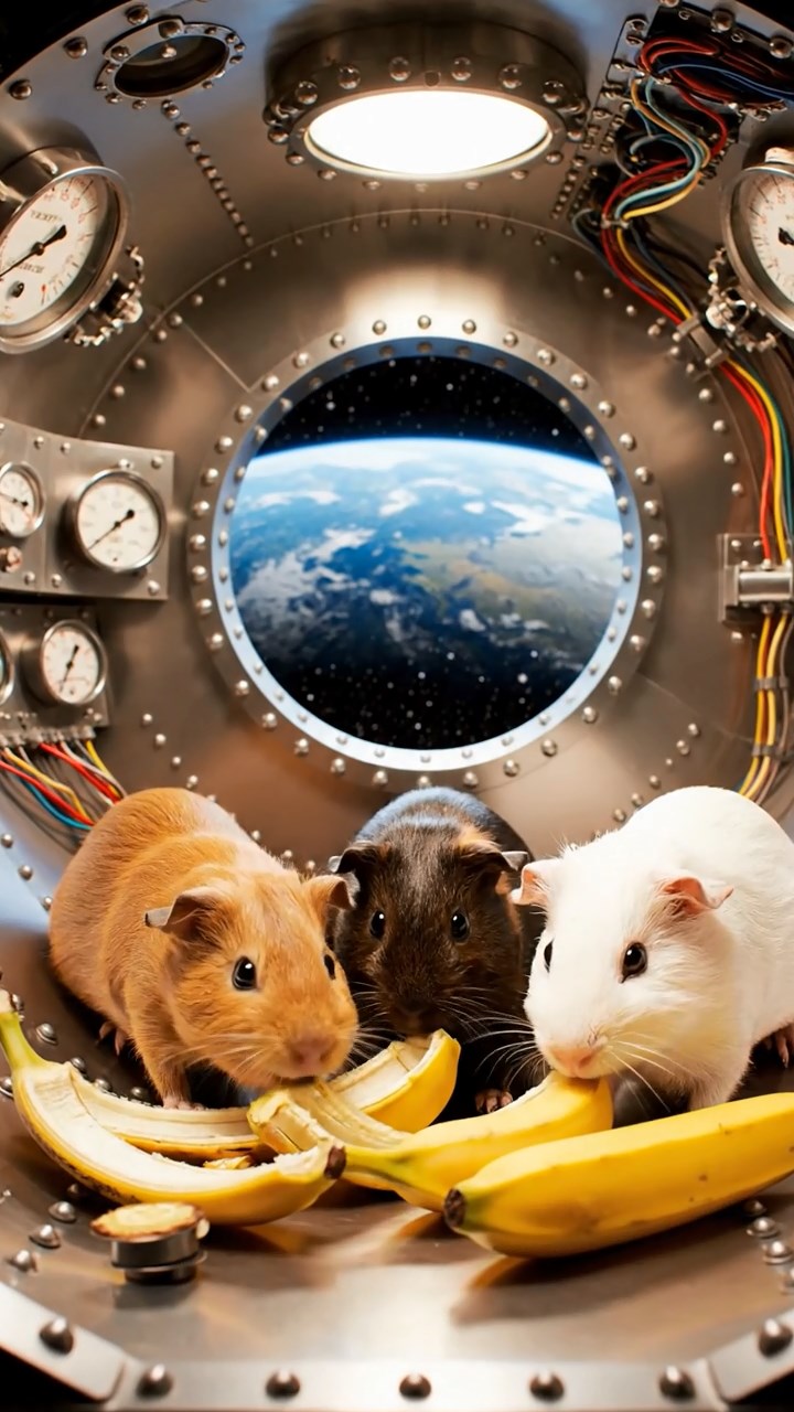 895. Highly detailed view of 5 smooth-haired Himalayan guinea pigs with White, Orange, Gray, Black, and Brown fur, foraging for wild herbs in a lush meadow with wildflowers and a babbling brook, under soft morning light, creating a realistic, serene pastoral scene.