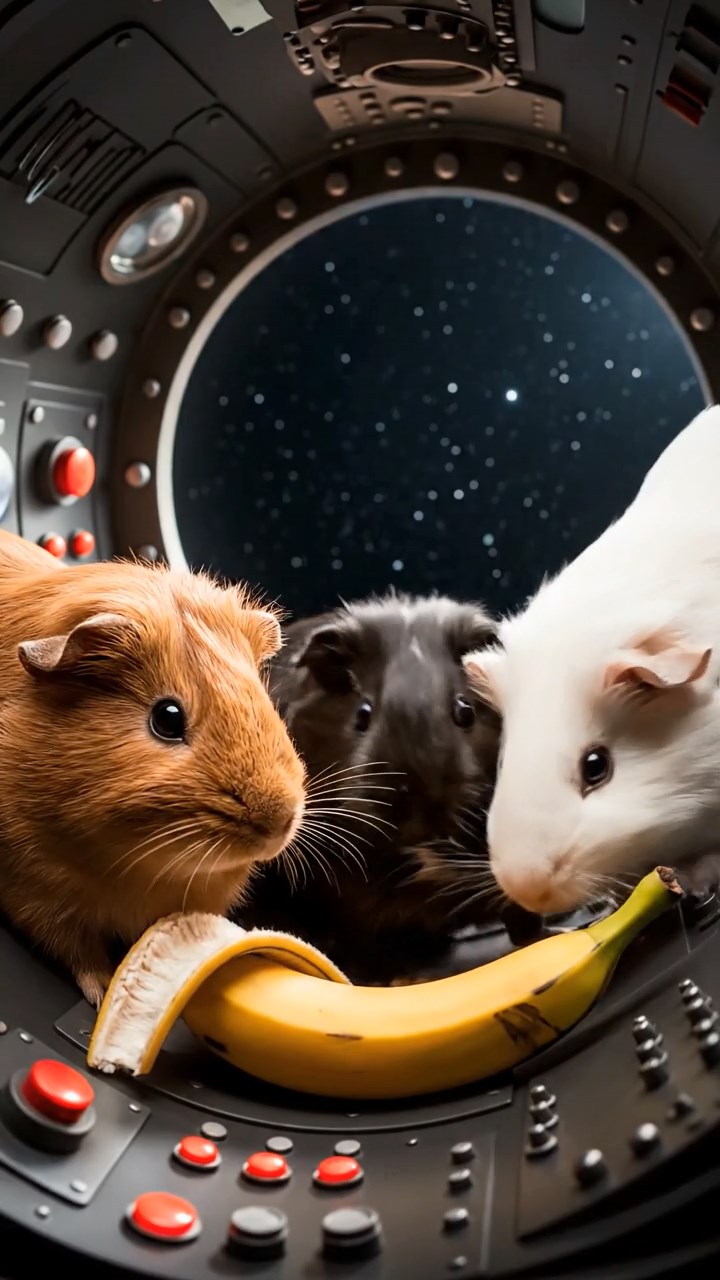 895. Highly detailed view of 5 smooth-haired Himalayan guinea pigs with White, Orange, Gray, Black, and Brown fur, foraging for wild herbs in a lush meadow with wildflowers and a babbling brook, under soft morning light, creating a realistic, serene pastoral scene.