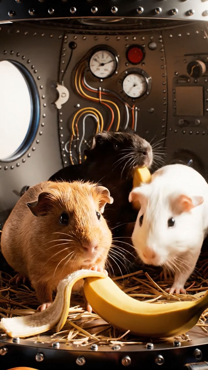 896. Realistic scene of 1 smooth-haired Californian guinea pig with Cream fur, nibbling on strawberries, in a fragrant rose garden with blooming red and white roses, under warm sunlight, capturing a vivid, lifelike romantic moment.