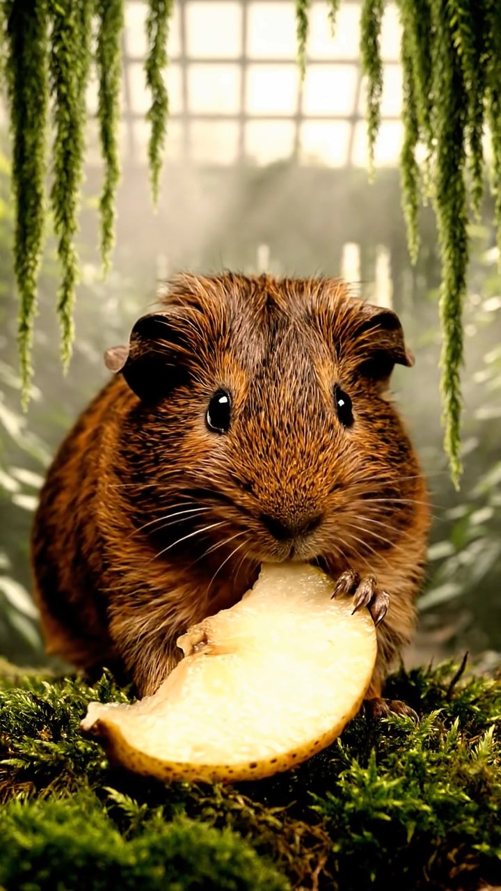 897. Detailed photo of 2 smooth-haired American guinea pigs with Fawn and Sable fur, dressed as bakers in tiny aprons, baking bread in a guinea pig bakery with hay ovens and wooden counters, under soft lamplight, creating a realistic, cozy culinary scene.