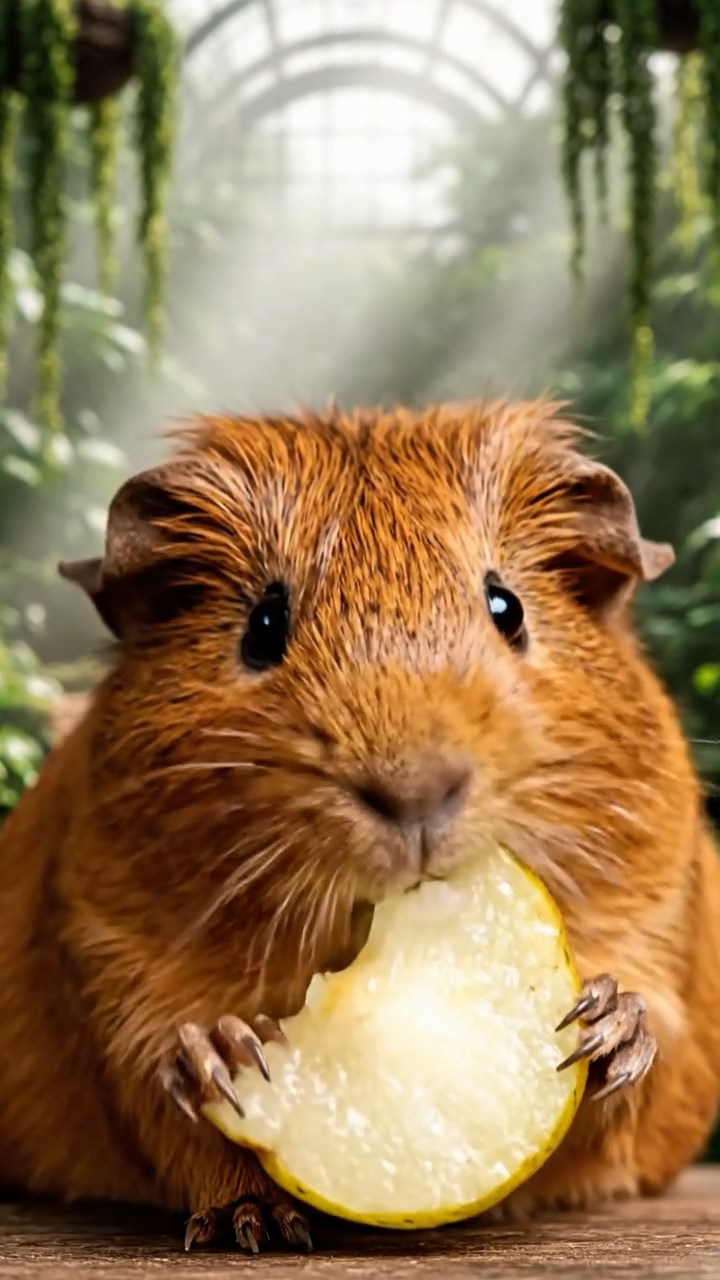 897. Detailed photo of 2 smooth-haired American guinea pigs with Fawn and Sable fur, dressed as bakers in tiny aprons, baking bread in a guinea pig bakery with hay ovens and wooden counters, under soft lamplight, creating a realistic, cozy culinary scene.