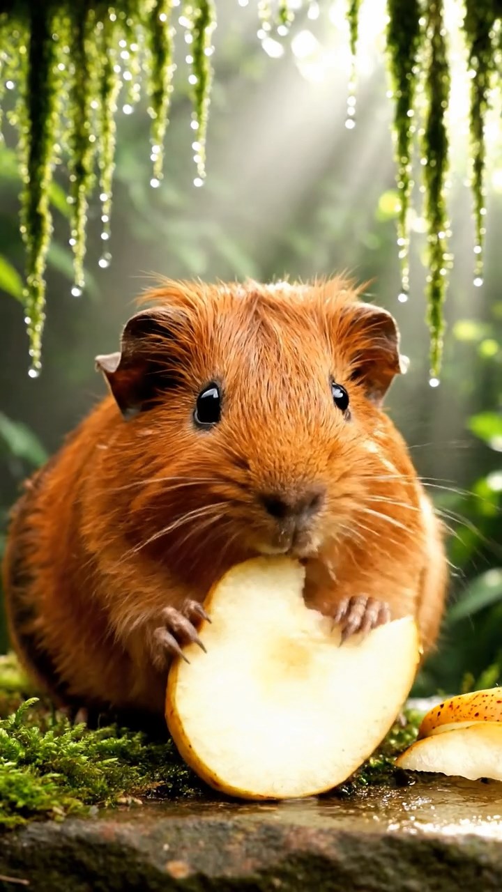 898. Photorealistic scene of 3 smooth-haired Teddy guinea pigs with Chocolate, Cinnamon, and Gray fur, climbing small rocks in a forested glade with soft moss and scattered leaves, under dappled sunlight, enhancing the authentic, adventurous atmosphere.