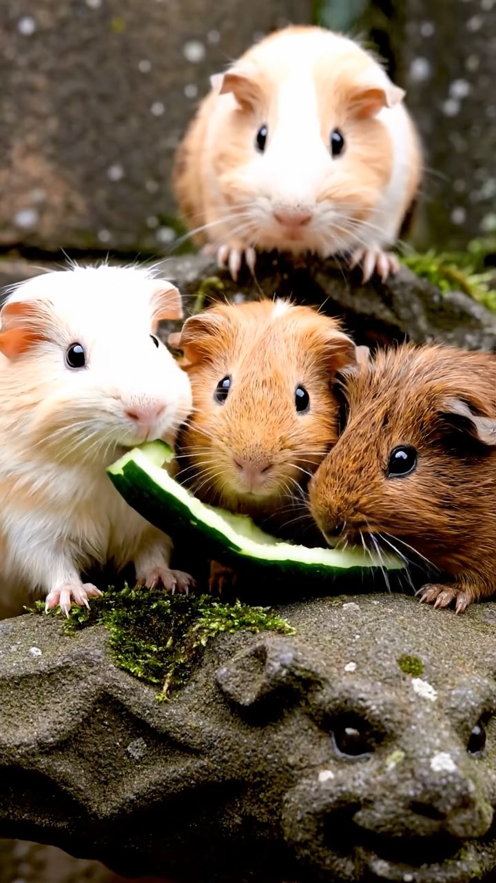898. Photorealistic scene of 3 smooth-haired Teddy guinea pigs with Chocolate, Cinnamon, and Gray fur, climbing small rocks in a forested glade with soft moss and scattered leaves, under dappled sunlight, enhancing the authentic, adventurous atmosphere.