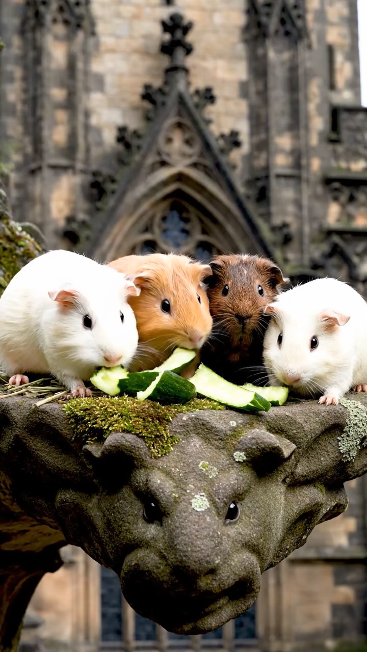 898. Photorealistic scene of 3 smooth-haired Teddy guinea pigs with Chocolate, Cinnamon, and Gray fur, climbing small rocks in a forested glade with soft moss and scattered leaves, under dappled sunlight, enhancing the authentic, adventurous atmosphere.