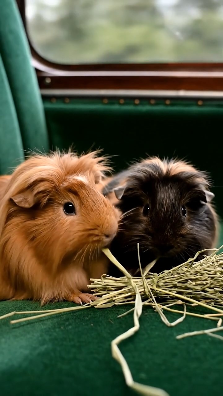 899. Highly detailed view of 4 smooth-haired Himalayan guinea pigs with White, Orange, Black, and Brown fur, dressed as writers in tiny scarves, drafting poems in a guinea pig study with miniature books and hay desks, under warm lamplight, creating a vivid, realistic literary scene.