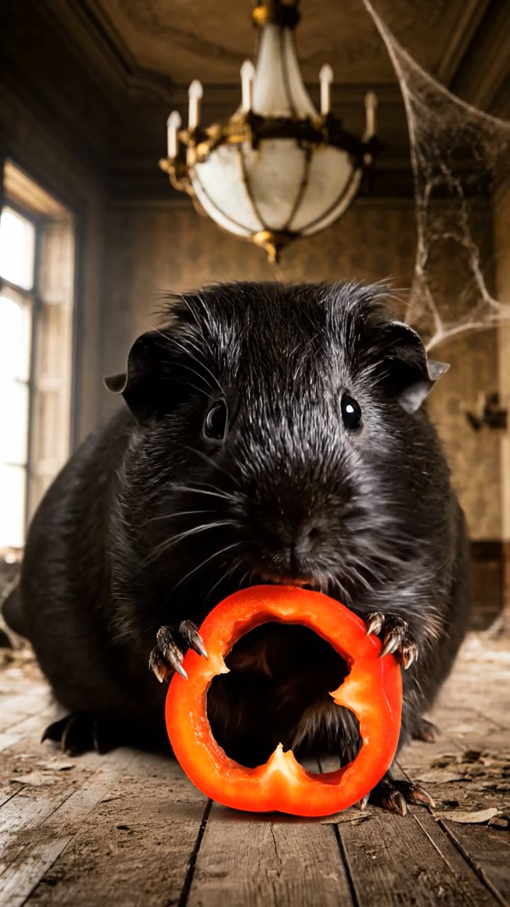 901. Detailed photo of 1 smooth-haired American guinea pig with White fur, meticulously nibbling on fresh carrots, delicately holding each piece with tiny paws while chewing rhythmically, in a vibrant wildflower field with buzzing bees and colorful butterflies fluttering around, under soft sunlight filtering through wispy clouds, creating a realistic, serene scene of peaceful foraging in a lush meadow dotted with daisies and clover.