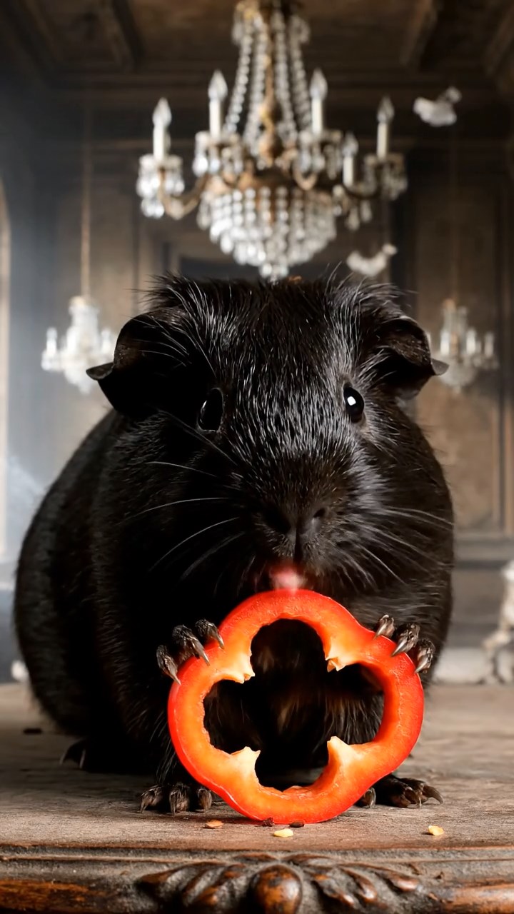 901. Detailed photo of 1 smooth-haired American guinea pig with White fur, meticulously nibbling on fresh carrots, delicately holding each piece with tiny paws while chewing rhythmically, in a vibrant wildflower field with buzzing bees and colorful butterflies fluttering around, under soft sunlight filtering through wispy clouds, creating a realistic, serene scene of peaceful foraging in a lush meadow dotted with daisies and clover.