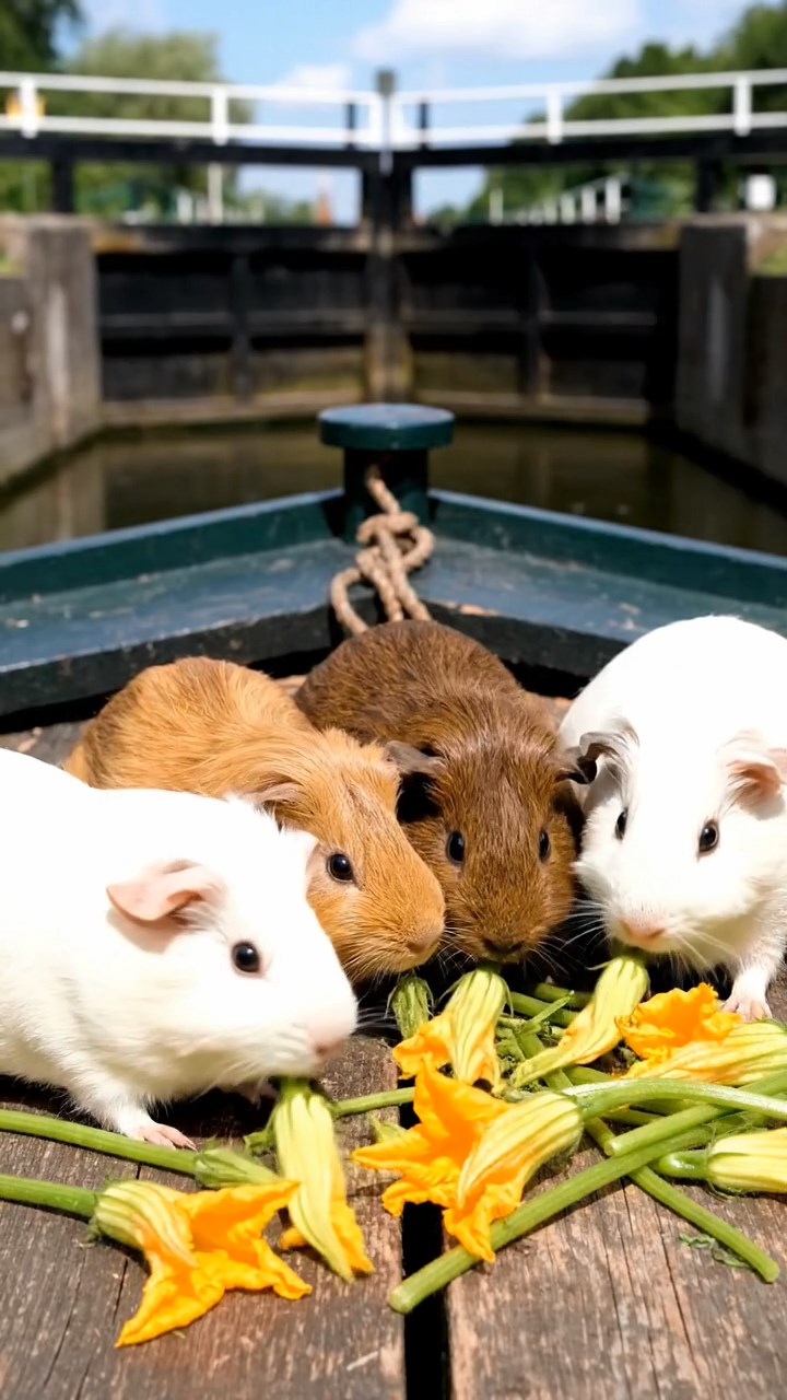 902. Photorealistic scene of 2 smooth-haired Teddy guinea pigs with Orange and Black fur, dressed as chefs in tiny aprons, carefully stirring miniature pots of soup with small wooden spoons, their whiskers twitching as they sniff the aroma, in a cozy guinea pig kitchen with hay counters and wooden shelves lined with tiny jars, under warm lamplight, capturing a vivid, lifelike culinary moment.