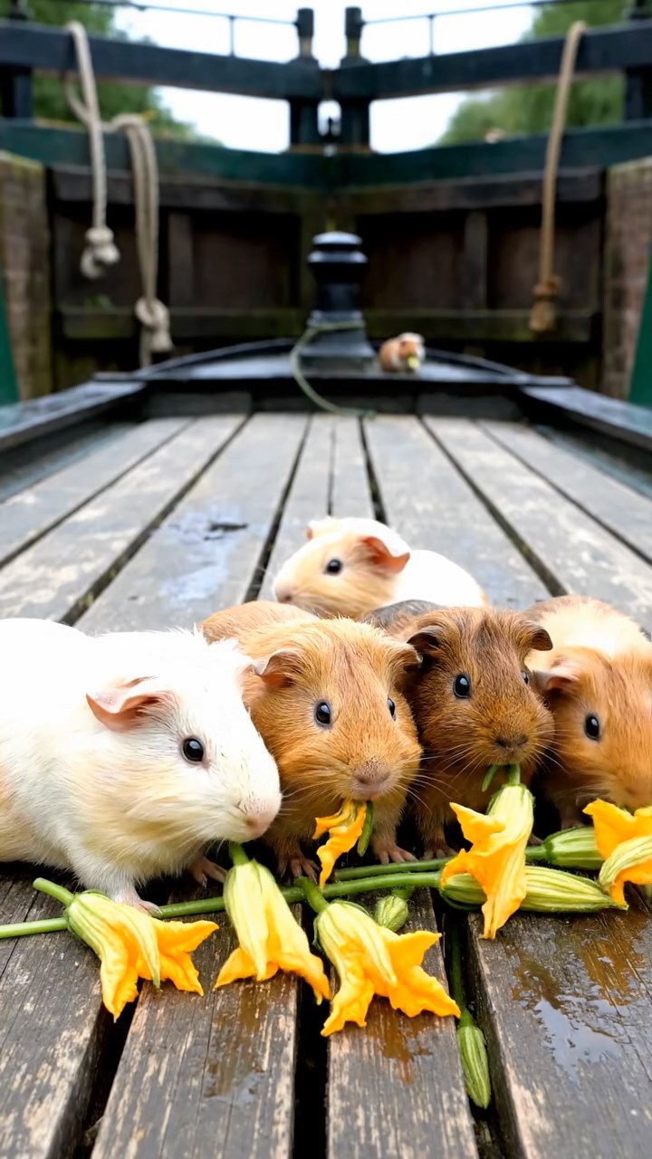 902. Photorealistic scene of 2 smooth-haired Teddy guinea pigs with Orange and Black fur, dressed as chefs in tiny aprons, carefully stirring miniature pots of soup with small wooden spoons, their whiskers twitching as they sniff the aroma, in a cozy guinea pig kitchen with hay counters and wooden shelves lined with tiny jars, under warm lamplight, capturing a vivid, lifelike culinary moment.