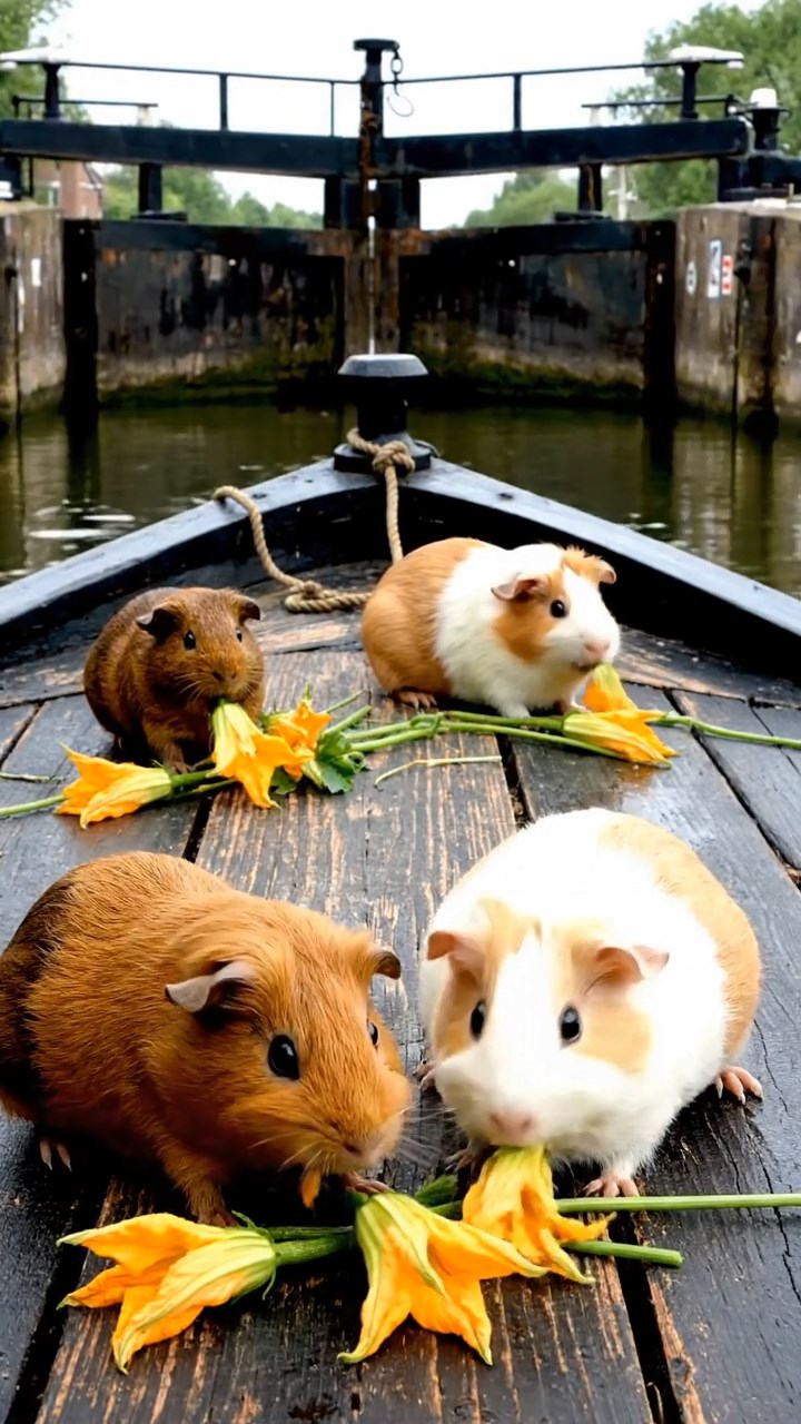 903. Highly detailed view of 3 smooth-haired Himalayan guinea pigs with Gray, Cream, and Brown fur, squeaking loudly while darting back and forth to communicate, their tiny feet pattering on soft moss, in a dense fern grove with scattered twigs and dewdrops glistening, under dappled sunlight filtering through tall trees, creating a realistic, immersive scene of natural interaction.