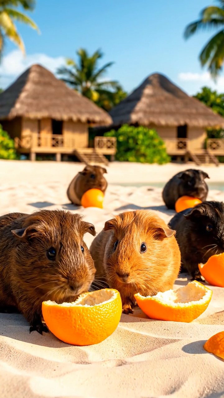 903. Highly detailed view of 3 smooth-haired Himalayan guinea pigs with Gray, Cream, and Brown fur, squeaking loudly while darting back and forth to communicate, their tiny feet pattering on soft moss, in a dense fern grove with scattered twigs and dewdrops glistening, under dappled sunlight filtering through tall trees, creating a realistic, immersive scene of natural interaction.