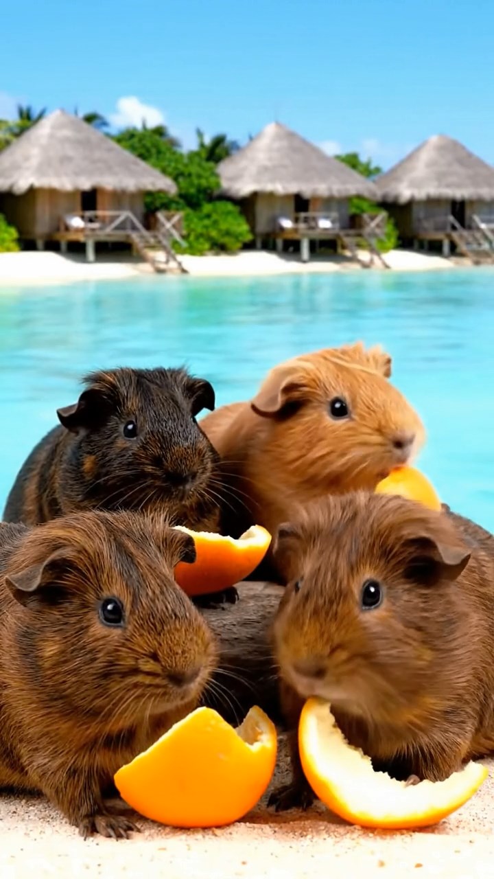 903. Highly detailed view of 3 smooth-haired Himalayan guinea pigs with Gray, Cream, and Brown fur, squeaking loudly while darting back and forth to communicate, their tiny feet pattering on soft moss, in a dense fern grove with scattered twigs and dewdrops glistening, under dappled sunlight filtering through tall trees, creating a realistic, immersive scene of natural interaction.