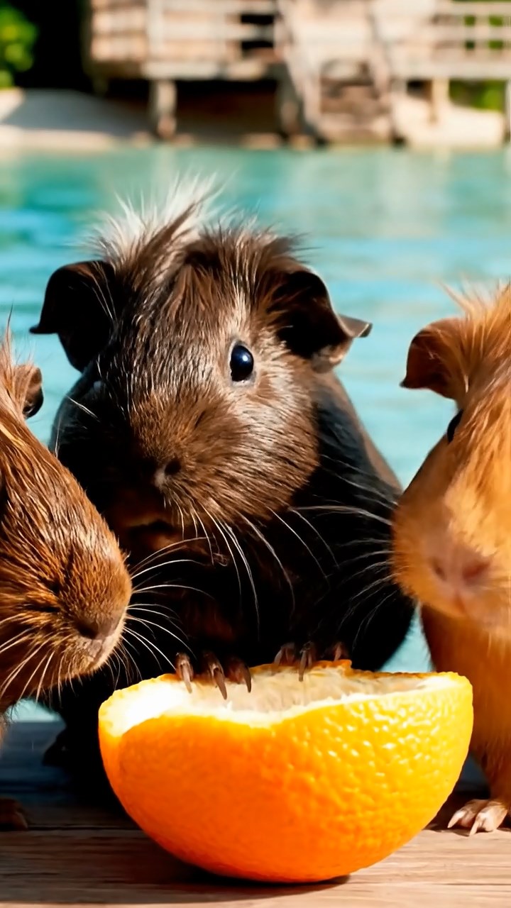 903. Highly detailed view of 3 smooth-haired Himalayan guinea pigs with Gray, Cream, and Brown fur, squeaking loudly while darting back and forth to communicate, their tiny feet pattering on soft moss, in a dense fern grove with scattered twigs and dewdrops glistening, under dappled sunlight filtering through tall trees, creating a realistic, immersive scene of natural interaction.