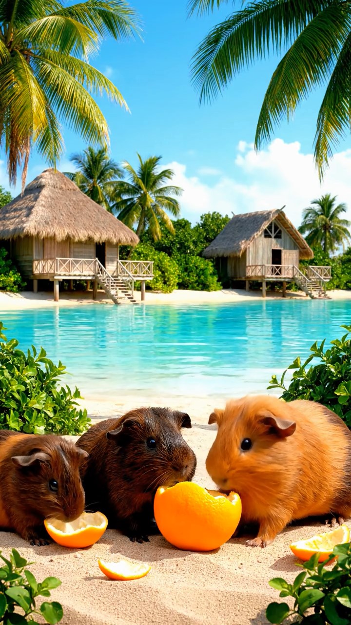 904. Realistic scene of 4 smooth-haired Californian guinea pigs with Fawn, Chocolate, Cinnamon, and Sable fur, dressed as firefighters in tiny uniforms, energetically climbing a miniature ladder, gripping each rung with precision, in a guinea pig town square with cobblestone paths and glowing lanterns, under soft evening light, enhancing the lifelike, heroic atmosphere.