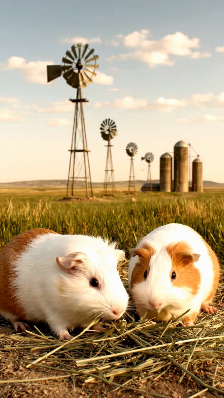 904. Realistic scene of 4 smooth-haired Californian guinea pigs with Fawn, Chocolate, Cinnamon, and Sable fur, dressed as firefighters in tiny uniforms, energetically climbing a miniature ladder, gripping each rung with precision, in a guinea pig town square with cobblestone paths and glowing lanterns, under soft evening light, enhancing the lifelike, heroic atmosphere.