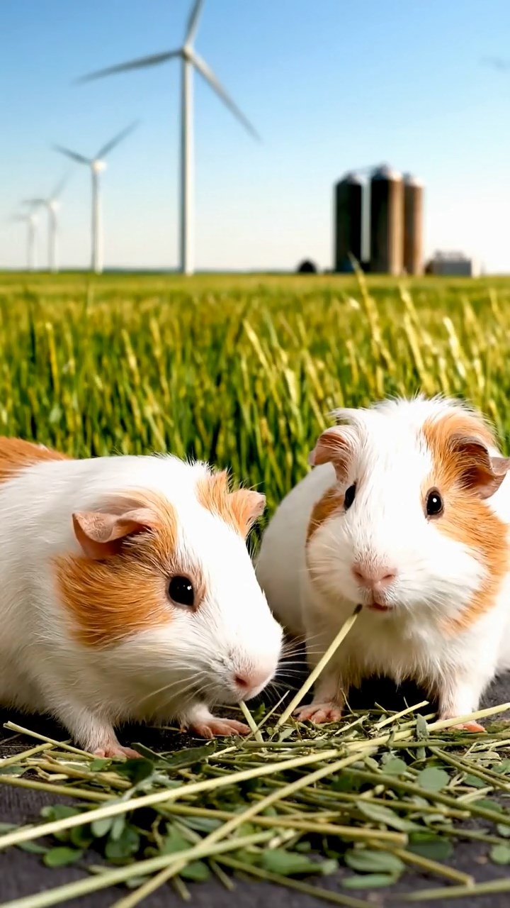 905. Detailed photo of 5 smooth-haired American guinea pigs with White, Orange, Gray, Black, and Brown fur, methodically nest-building by dragging twigs and grass with their teeth, weaving them into a cozy pile, in a tranquil forest glade with soft ferns and a babbling brook, under gentle morning light, creating a vivid, realistic scene of cooperative effort.